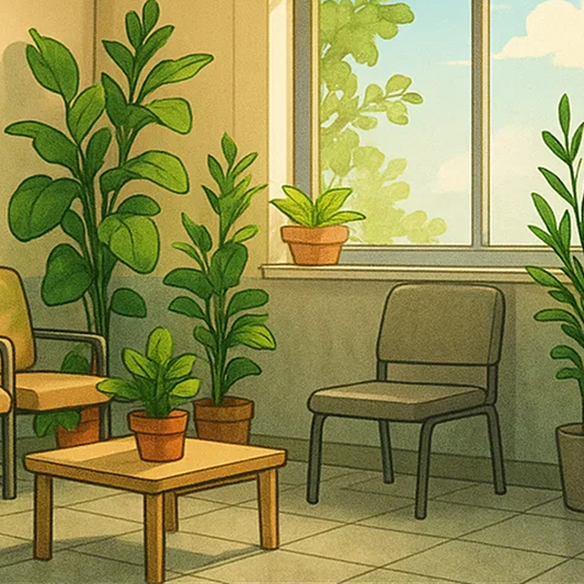 Dentist office with lots of plants for blog post about plants reducing pain when you visit the dentist
