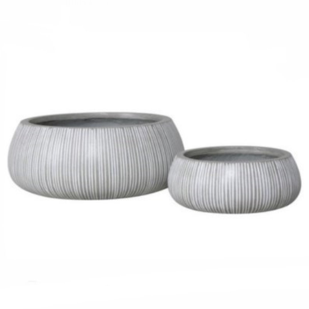 Ficonstone Planter Bowl with Vertical Stripes | 22 x 8 inches — empty planter, studio photo — planter for sale by Promise Supply for delivery and pickup in Toronto.