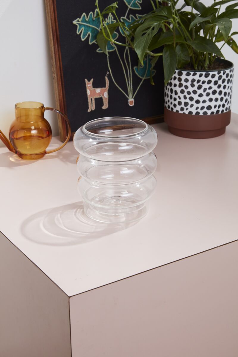 Stacked Rings Glass Pot with Drainage and Tray | 4 inch Diameter — empty planter, studio photo — planter for sale by Promise Supply for delivery and pickup in Toronto.