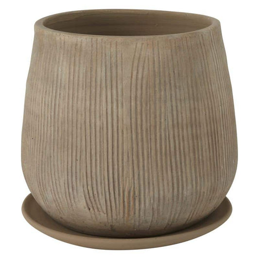 Holt Tan Planter with Drainage and Tray | 12 inch Diameter — empty planter, studio photo — planter for sale by Promise Supply for delivery and pickup in Toronto.