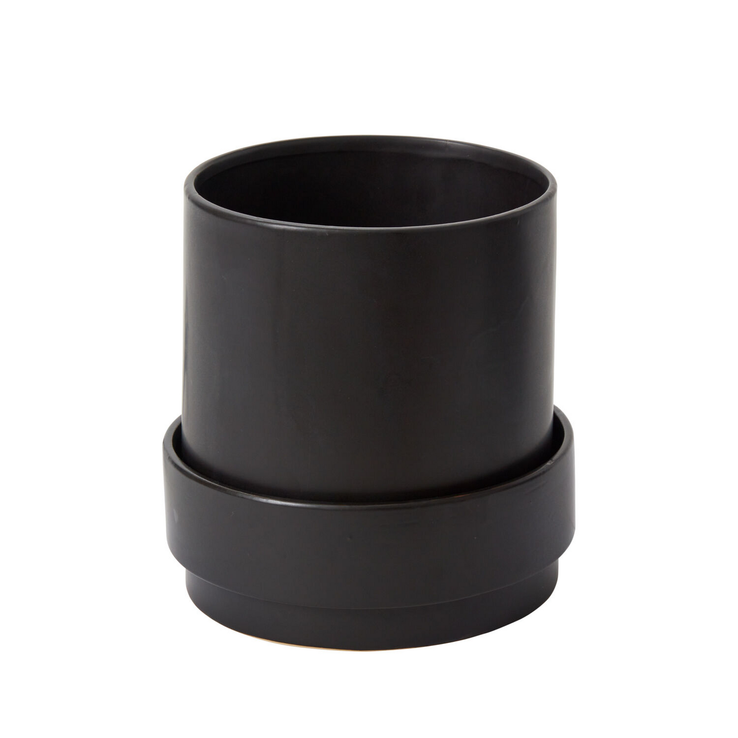 Claxton Black Planter with Drainage and Tray | 8 inch Diameter — empty planter, studio photo — planter for sale by Promise Supply for delivery and pickup in Toronto.