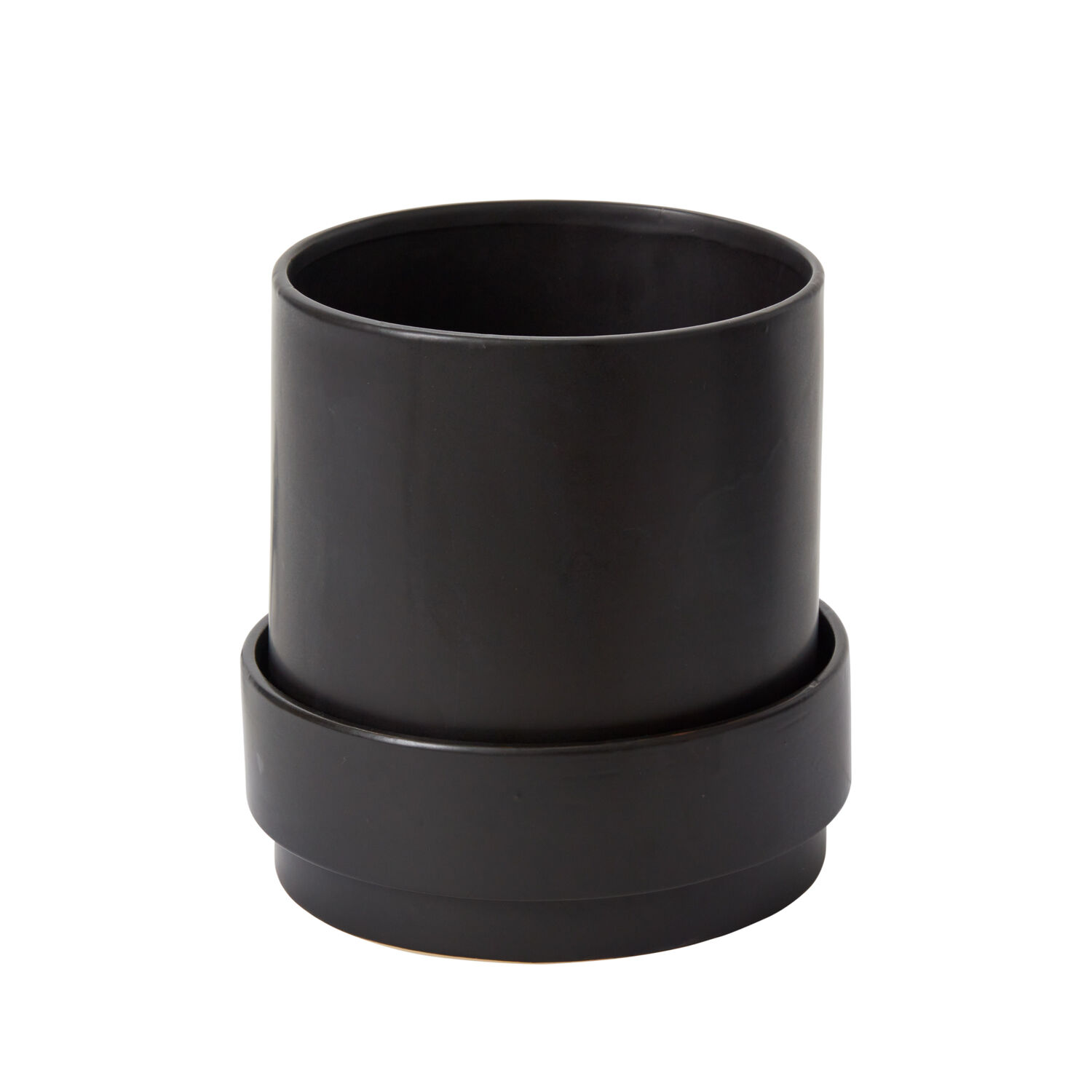 Claxton Black Planter with Drainage and Tray | 8 inch Diameter — empty planter, studio photo — planter for sale by Promise Supply for delivery and pickup in Toronto.