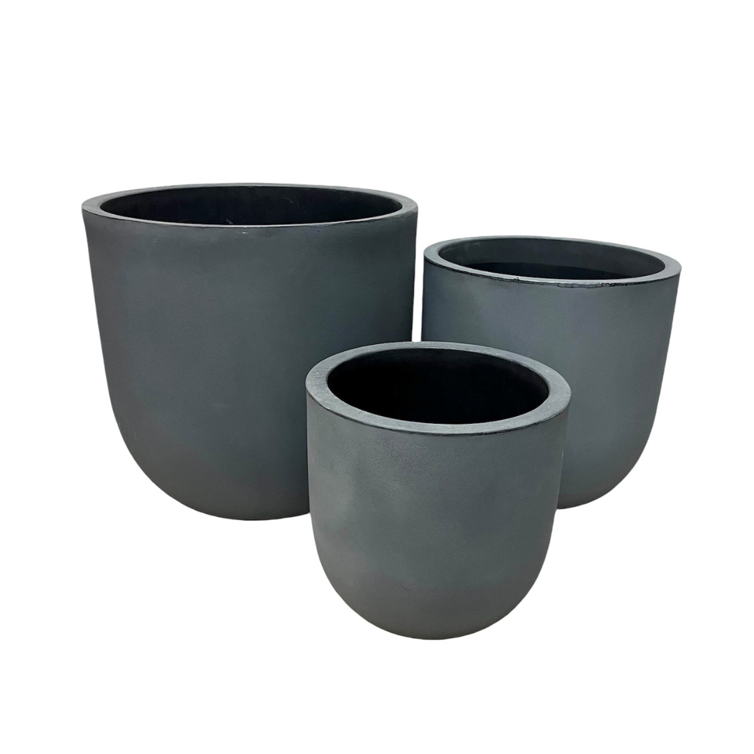 Eco Plastic Uovo Pot in Slate | 22 x 21 inches — empty planter, studio photo — planter for sale by Promise Supply for delivery and pickup in Toronto.