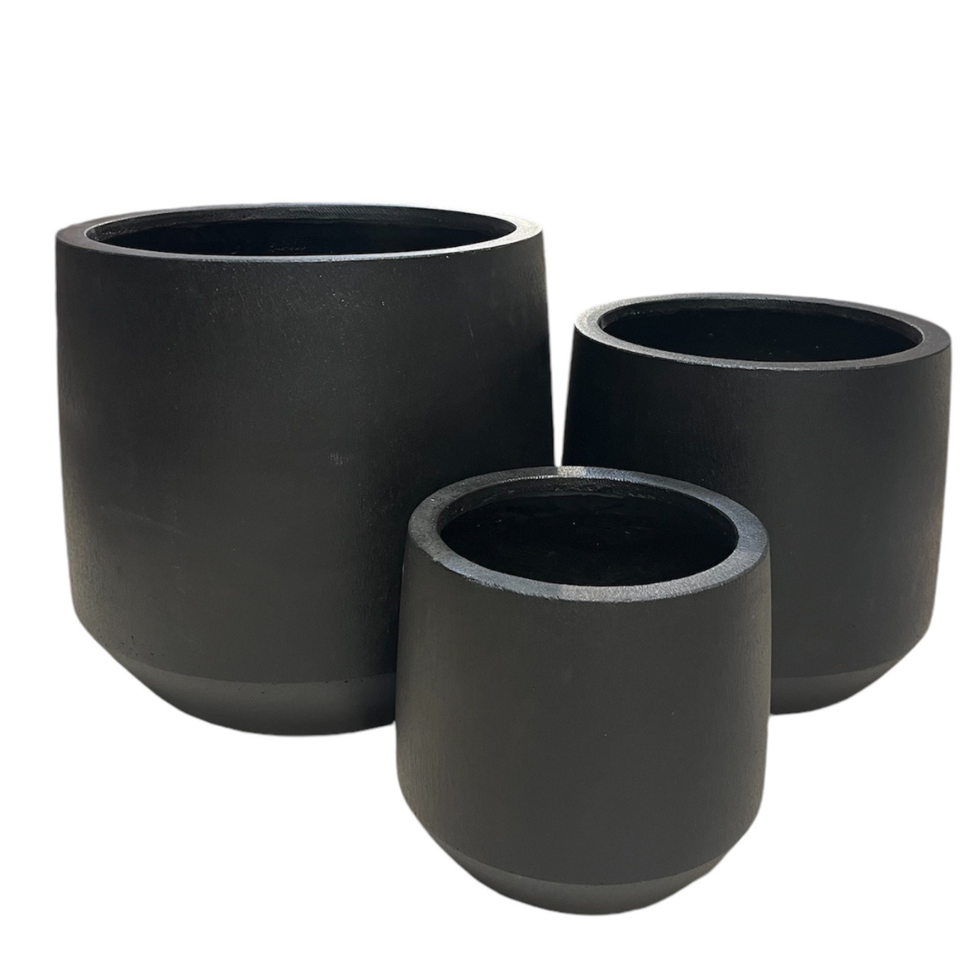 Round Ficonstone Tapered Base Planter in Black | 15 Inch Diameter — empty planter, studio photo — planter for sale by Promise Supply for delivery and pickup in Toronto.