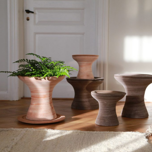 Bergs Potter Celeste Pedestal Pot with Drainage and Tray | 15.2 Inch Diameter — empty planter, studio photo — planter for sale by Promise Supply for delivery and pickup in Toronto.