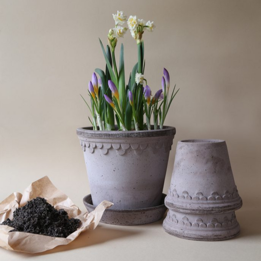 Bergs Potter Københavner: The Castle Pot with Drainage and Tray | 13.8 inch Diameter — empty planter, studio photo — planter for sale by Promise Supply for delivery and pickup in Toronto.