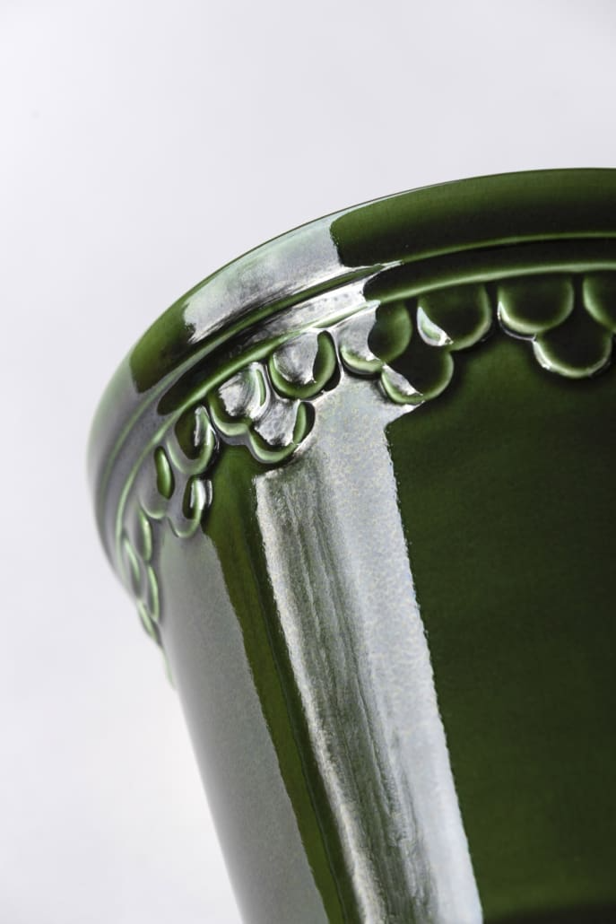 Bergs Potter Københavner: The Castle Pot with Drainage and Tray | 9.8 inch Diameter — Close Up of Green empty planter, studio photo — planter for sale by Promise Supply for delivery and pickup in Toronto