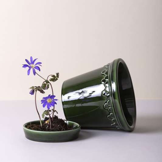 Bergs Potter Københavner: The Castle Pot with Drainage and Tray | 9.8 inch Diameter — Green planter, studio photo — planter for sale by Promise Supply for delivery and pickup in Toronto.