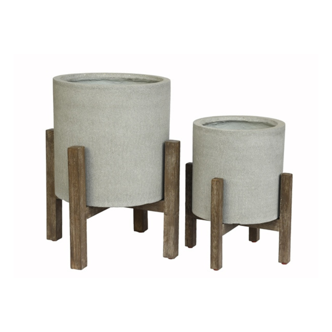 Ficonstone Pot with Acacia Wood Stand | 14 Inch Nursery Pot — empty planter, studio photo — planter for sale by Promise Supply for delivery and pickup in Toronto.