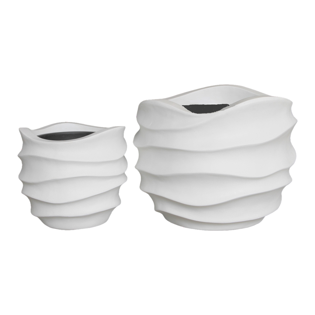 Polystone Wave Planter in White | 10 Inch Nursery Pot — empty planter, studio photo — planter for sale by Promise Supply for delivery and pickup in Toronto.