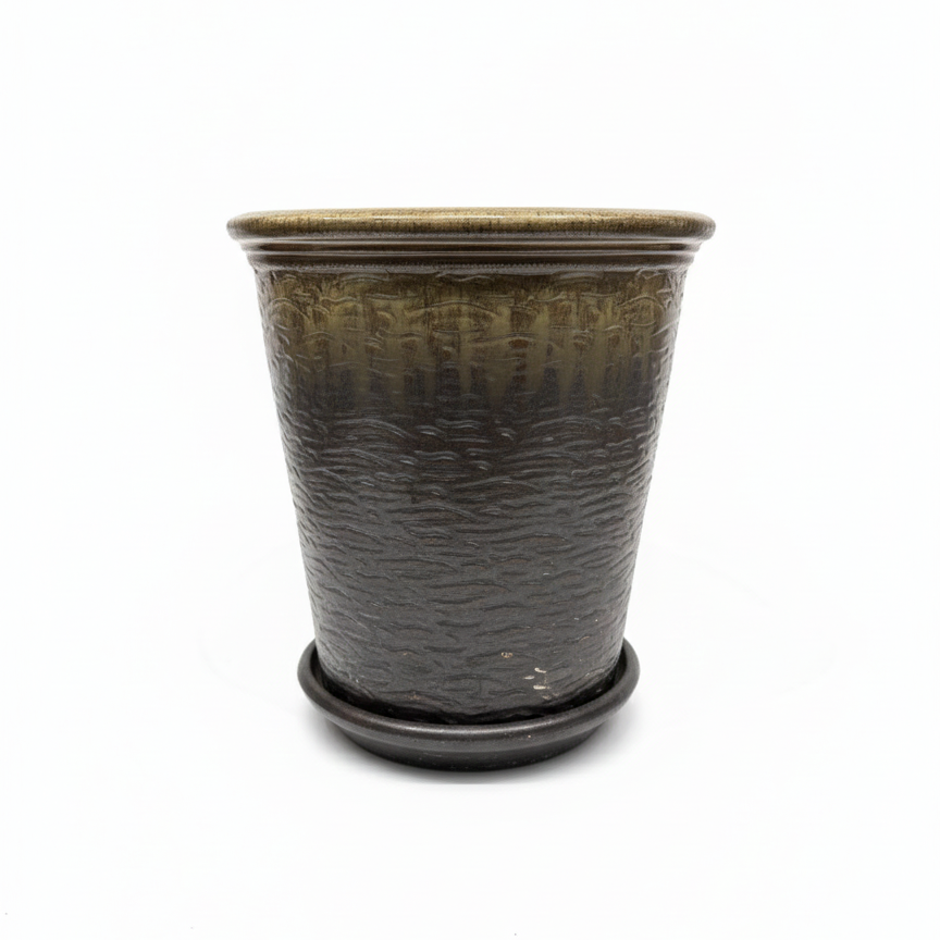 Gunmetal Cylindrical Planter with Drainage and Tray | 15 Inch Diameter