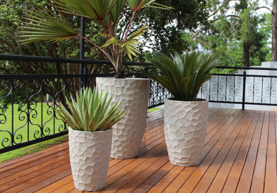 Prisma Conic Poly Planter in Sandstone | 14 Inch Nursery Pot — empty planter, studio photo — planter for sale by Promise Supply for delivery and pickup in Toronto.