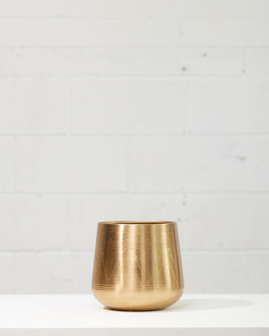 Tulum Gold Etched Pot | 7.5 inch Nursery Pot — empty planter, studio photo — planter for sale by Promise Supply for delivery and pickup in Toronto.