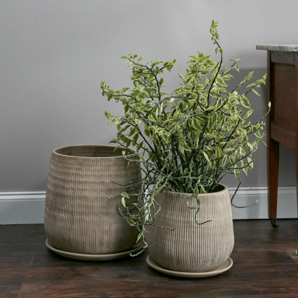 Holt Tan Planter with Drainage and Tray | 12 inch Diameter — empty planter, studio photo — planter for sale by Promise Supply for delivery and pickup in Toronto.