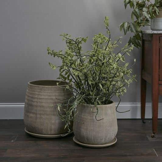 Holt Tan Planter with Drainage and Tray | 9 inch Diameter — empty planter, studio photo — planter for sale by Promise Supply for delivery and pickup in Toronto.