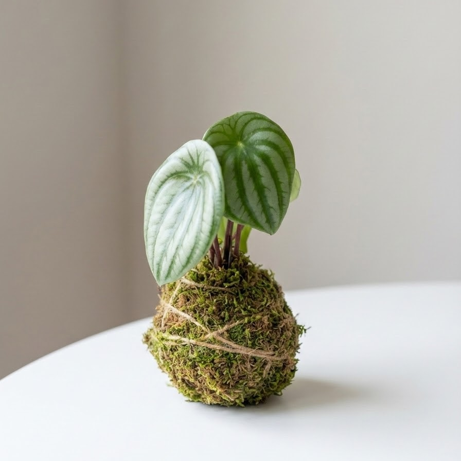 Watermelon Peperomia Kokedama: Peperomia argyreia - 4 inch Moss Ball