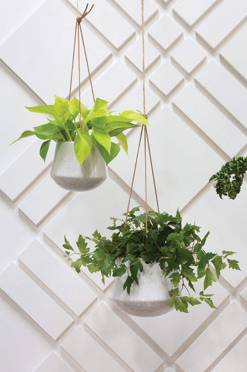 Kenzie Ceramic Hanging Planter with Leather Straps | 6 inch Nursery Pot — empty planter, ceramic planter, studio photo — planter for sale by Promise Supply for delivery and pickup in Toronto.