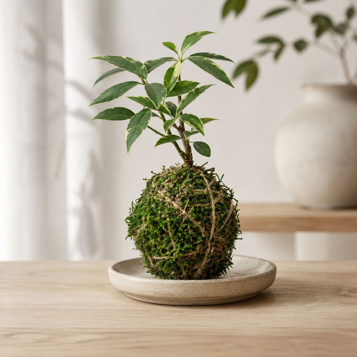 Umbrella Tree Kokedama: Schefflera arboricola - 4 inch Moss Ball