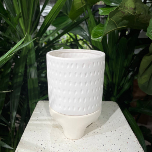 Dash White Deep Short Planter with Drainage and Legs | 6 inch — empty planter, studio photo — planter for sale by Promise Supply for delivery and pickup in Toronto.