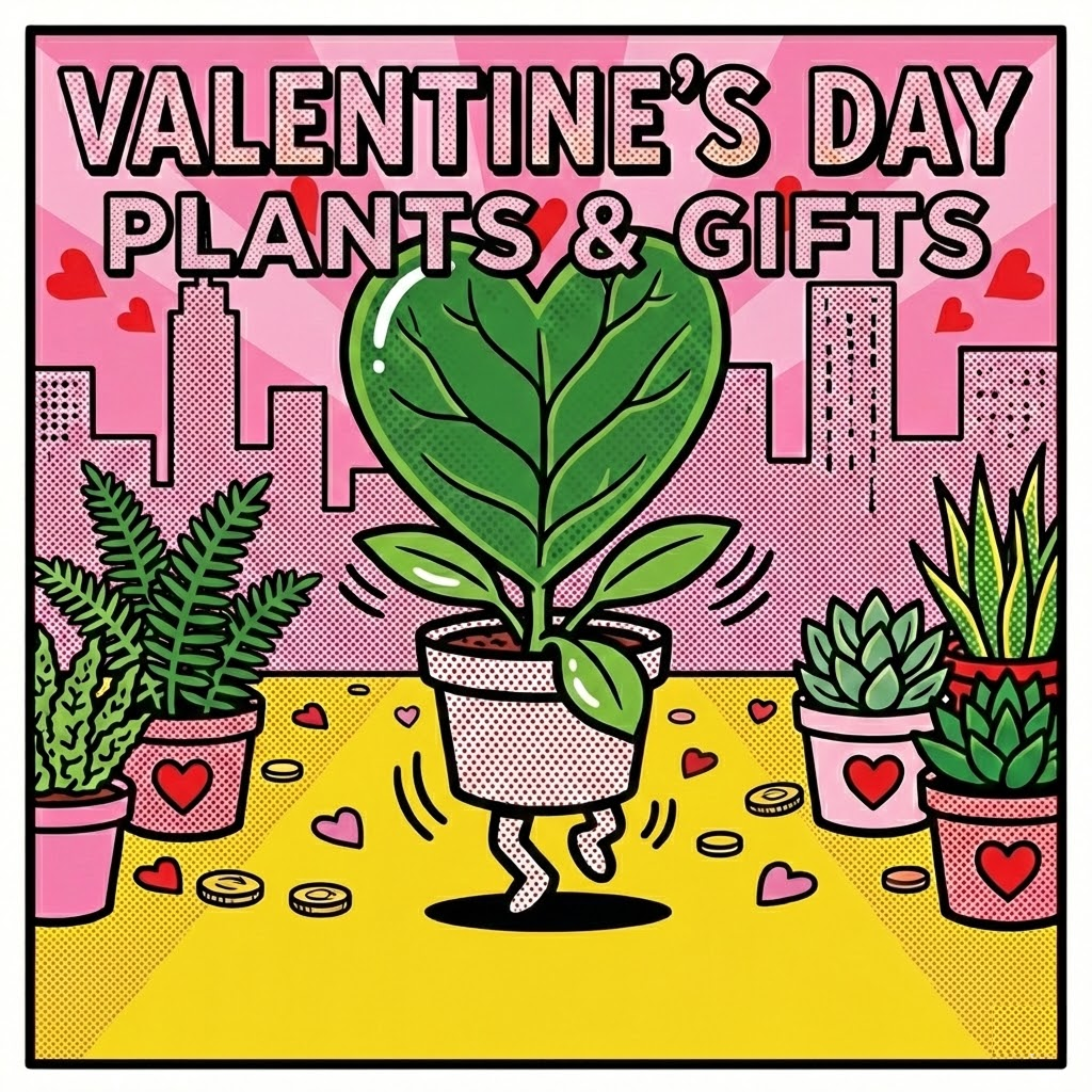 "Valentine’s Day plant gifts Toronto. Vertical pop-art banner featuring a Heart-Shaped Hoya and Pink Aglaonema with text 'Grow Love'. Keith Haring style illustration."
