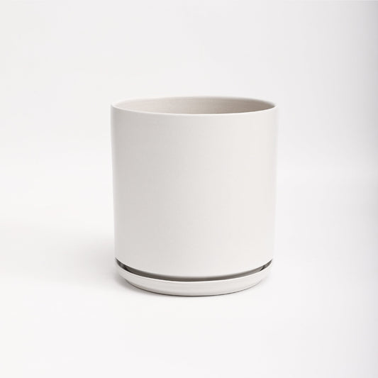 The Twelve Ceramic Cylinder Planter with Drainage and Tray | 12 inch Nursery Pot - White