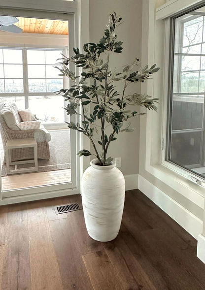 No Edges Whitewash Large Clay Floor Vase with Drainage and Tray