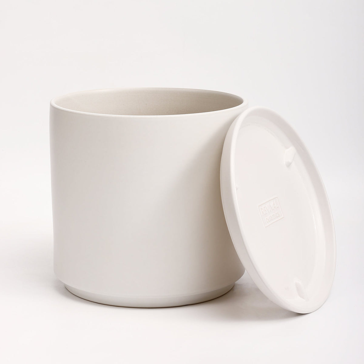 The Fourteen Ceramic Cylinder Planter with Drainage and Tray | 14 inch Nursery Pot - White
