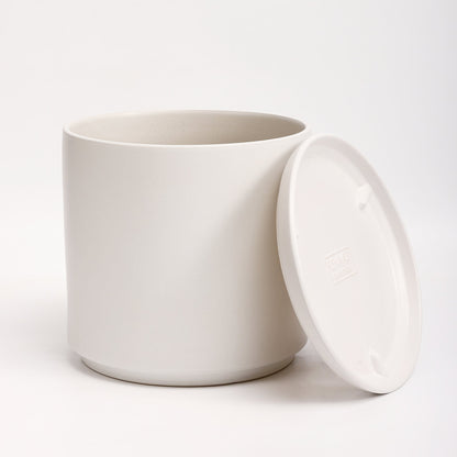The Fourteen Ceramic Cylinder Planter with Drainage and Tray | 14 inch Nursery Pot - White