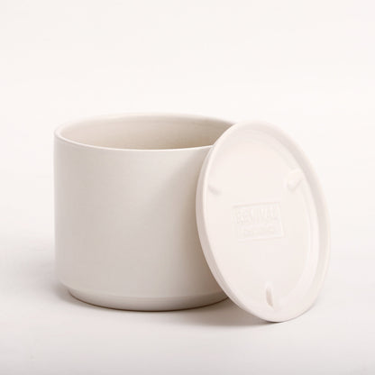 The Six Ceramic Cylinder Planter with Drainage and Tray | 6 inch Nursery Pot - White