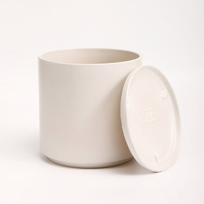 The Ten Ceramic Cylinder Planter with Drainage and Tray | 10 inch Nursery Pot - White