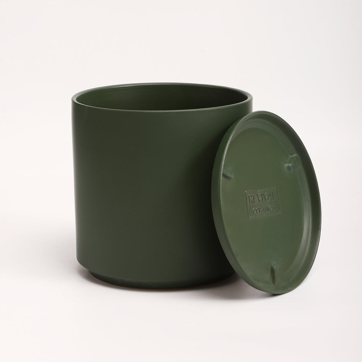 The Ten Ceramic Cylinder Planter with Drainage and Tray | 10 inch Nursery Pot - Forest Green