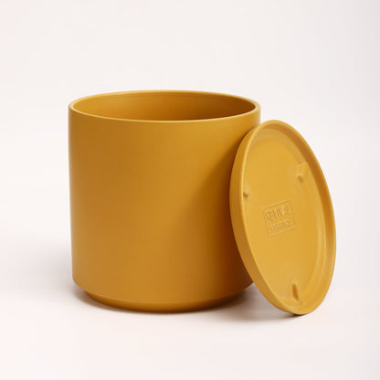 The Ten Ceramic Cylinder Planter with Drainage and Tray | 10 inch Nursery Pot - Mustard