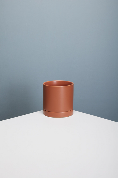 Romey Ceramic Pot with Drainage and Tray | 5 inch Diameter — empty planter, ceramic planter, studio photo — planter for sale by Promise Supply for delivery and pickup in Toronto.