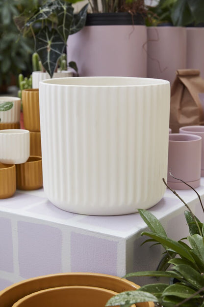 White Ribbed Beam Planter fits up to 10 inch Nursery Pot