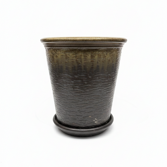 Gunmetal Cylindrical Planter with Drainage and Tray | 15 Inch Diameter