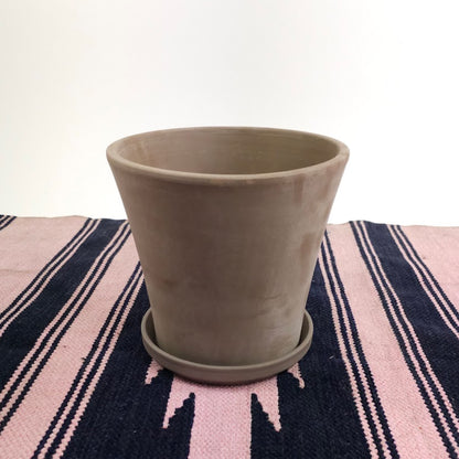 Grey Cone Clay Planter with Drainage and Tray in 9 inch Diameter