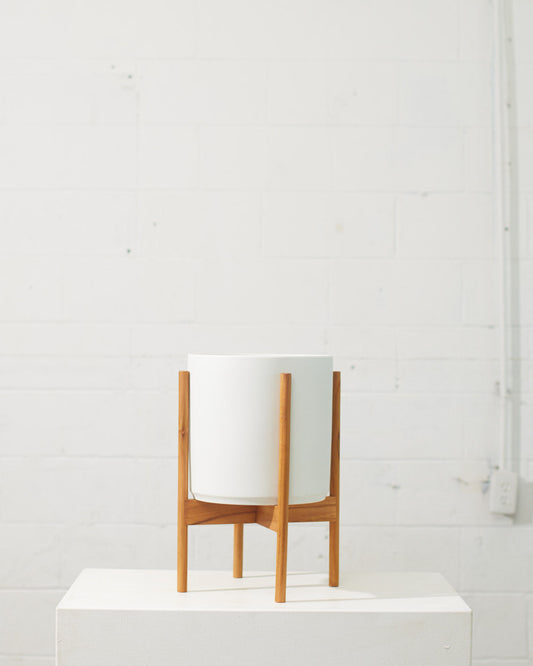 The Ten White Ceramic Cylinder Planter with Natural Teak Wooden Stand | 10 inch Nursery Pot — empty planter, ceramic planter, studio photo — planter for sale by Promise Supply for delivery and pickup in Toronto.