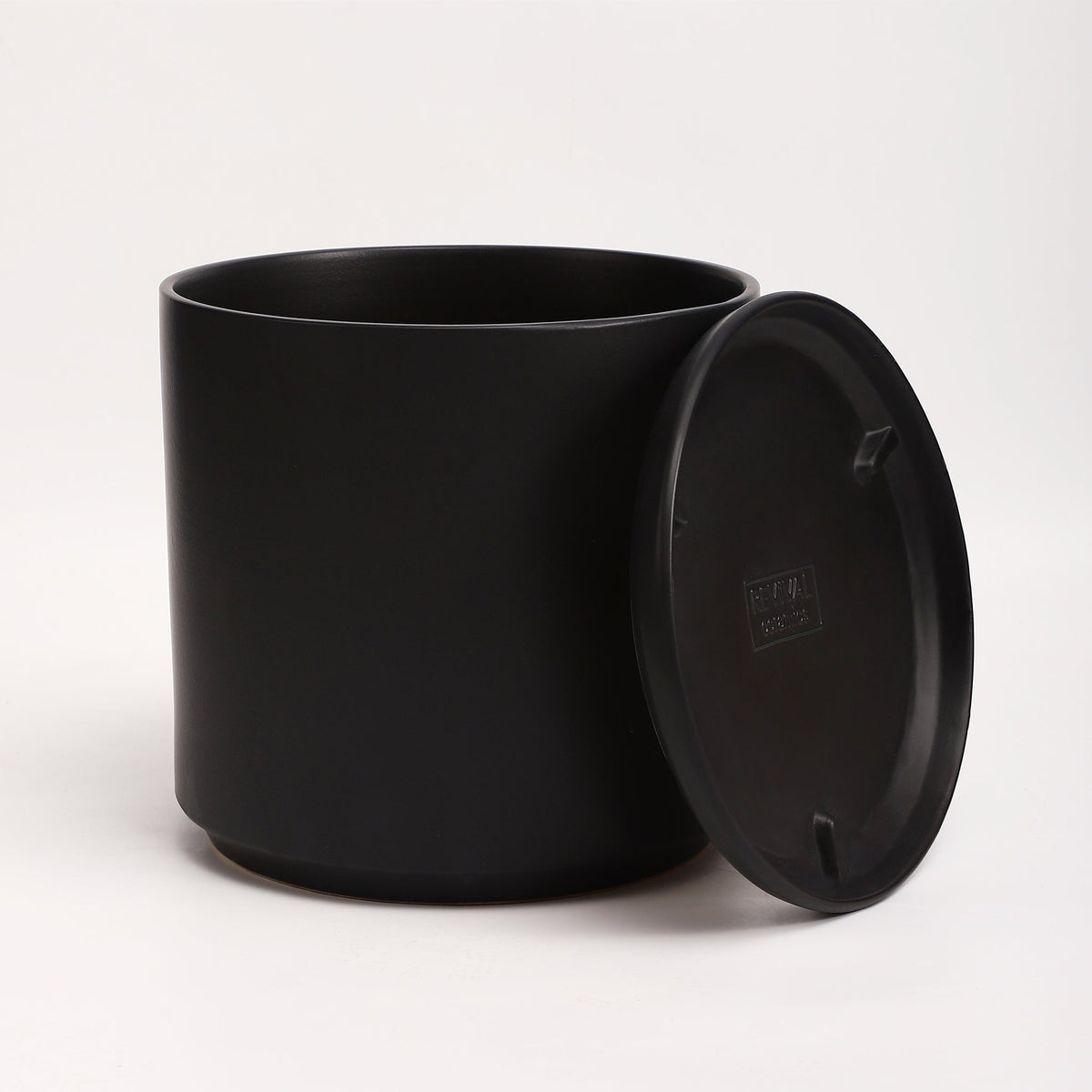 The Fourteen Ceramic Cylinder Planter with Drainage and Tray | 14 inch Nursery Pot - Black