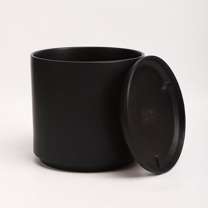 The Fourteen Ceramic Cylinder Planter with Drainage and Tray | 14 inch Nursery Pot - Black