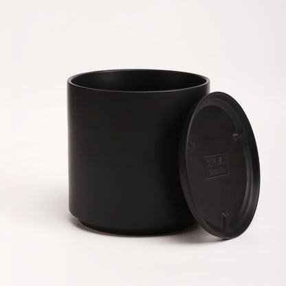 The Ten Ceramic Cylinder Planter with Drainage and Tray | 10 inch Nursery Pot - Black