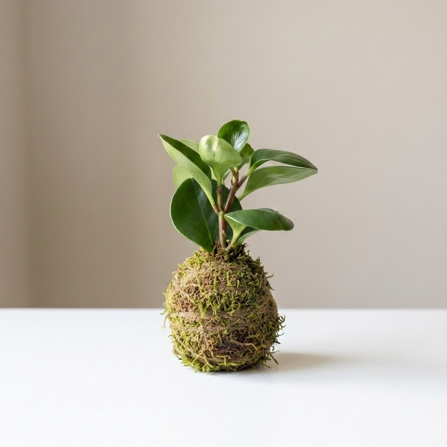 Baby Rubber Kokedama: Peperomia obtusifolia - 4 inch Moss Ball