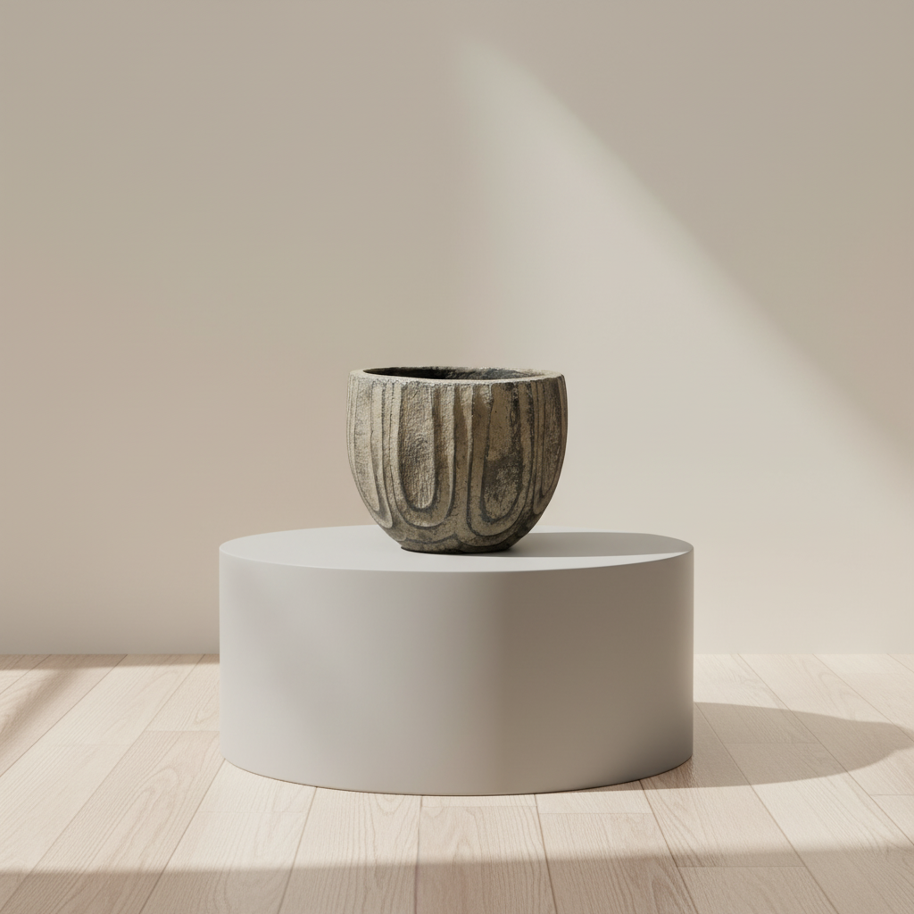 Antique Brown Cement Round Pot | 3.5 Inch Nursery Pot — empty planter, studio photo — planter for sale by Promise Supply for delivery and pickup in Toronto.