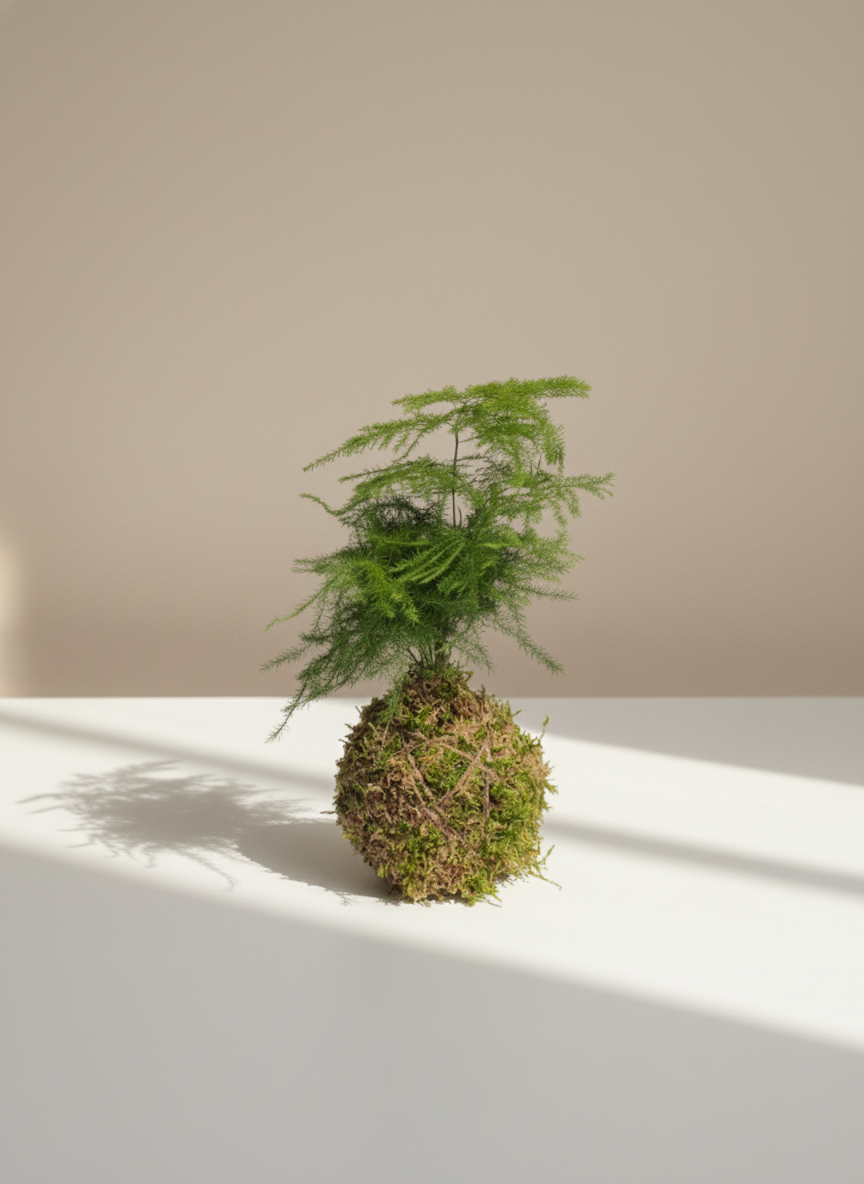 Asparagus Fern Kokedama: Asparagus setaceus - 4 inch Moss Ball
