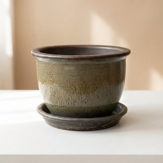 Boreal Glazed Ceramic Planter with Drainage and Tray | 12 Inch Diameter