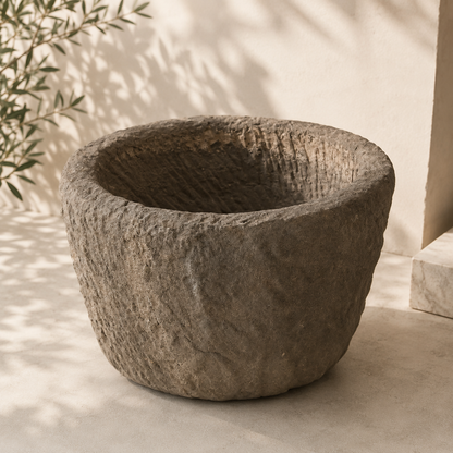 Round Vintage Stone Planter with Drainage | 16-18 inches