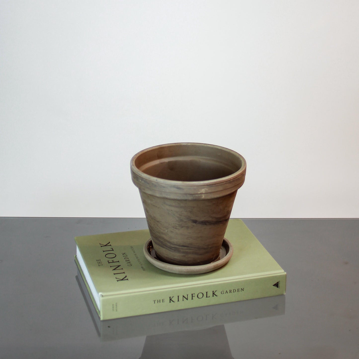 Gray Basalt Terracotta Planter with Drainage and Tray in 8 inch Diameter