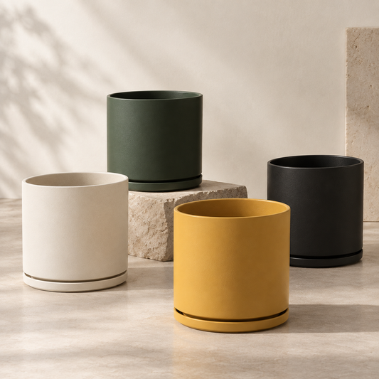 The Ten Ceramic Cylinder Planter with Drainage and Tray | 10 inch Diameter