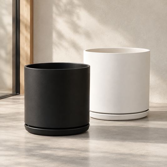 The Fourteen Ceramic Cylinder Planter with Drainage and Tray | 14 inch Nursery Pot