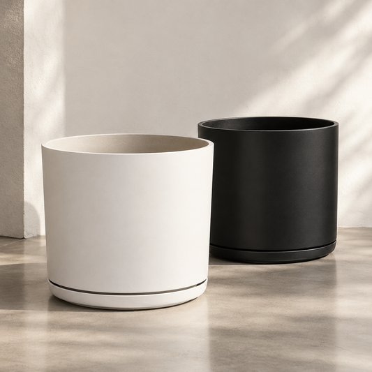 The Seventeen Ceramic Cylinder Planter with Drainage and Tray | 17 inch Diameter