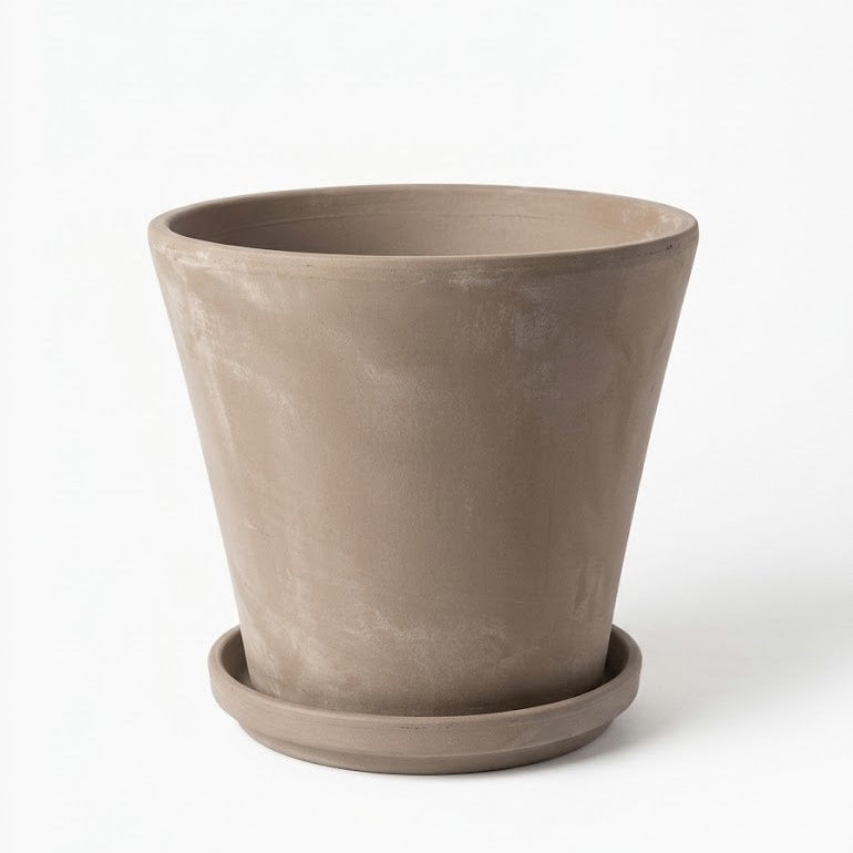 Grey Cone Clay Planter with Drainage and Tray | 9 inch Diameter